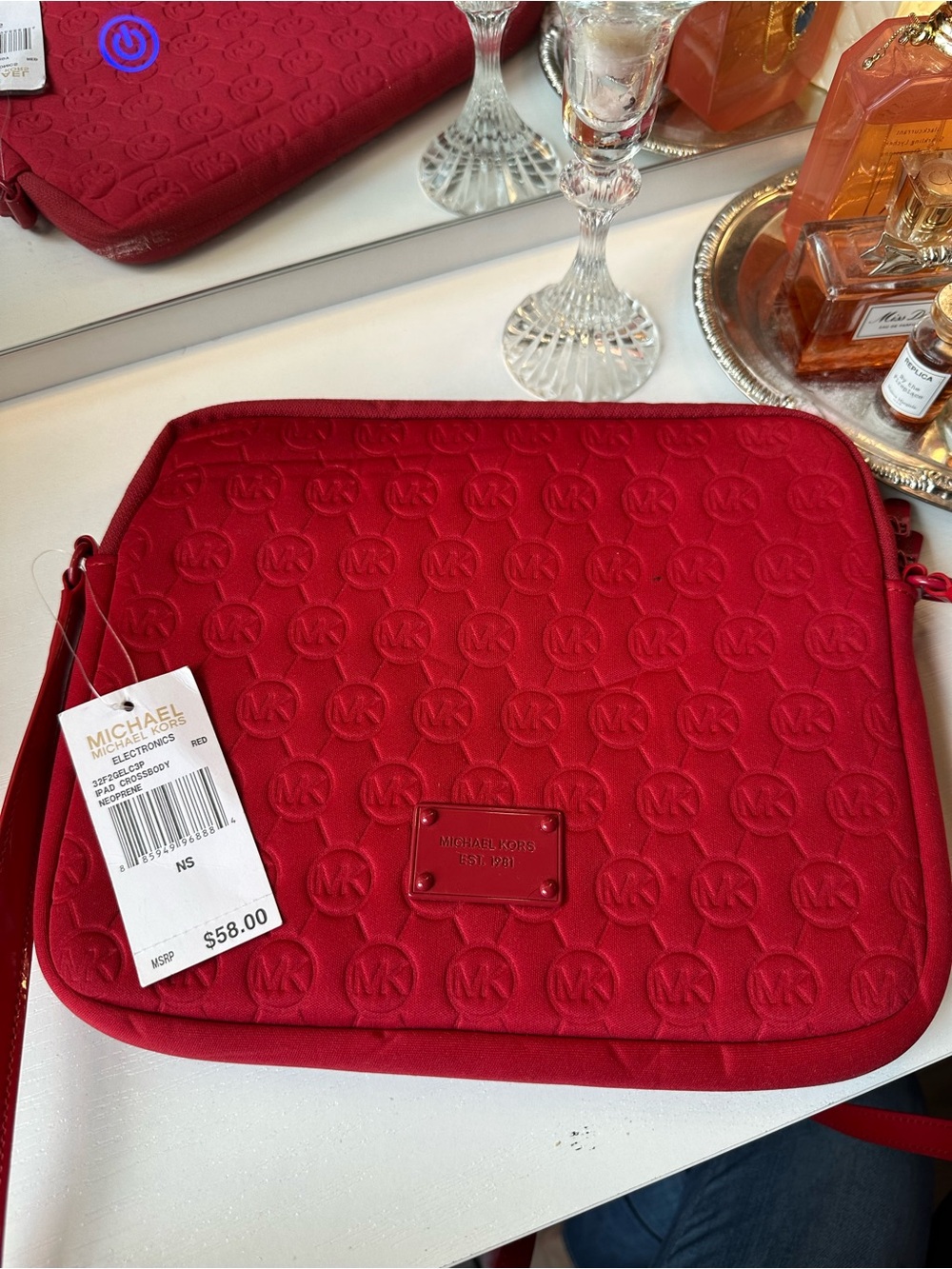 Michael Kors Red Quilted MK Logo Neoprene IPad Crossbody Pouch